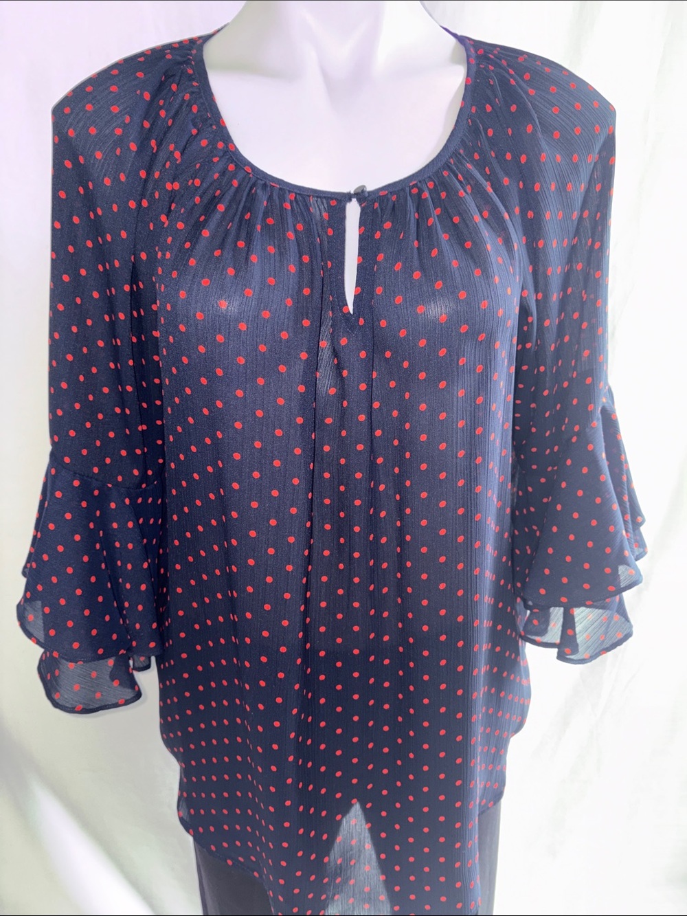 Chaps Navy Blue Blouse with Red Polka Dots
